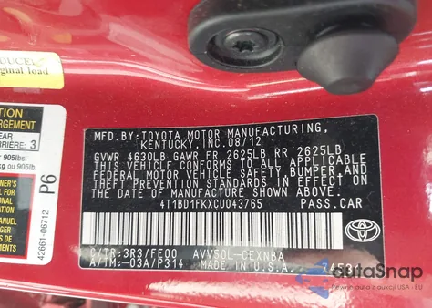 2012 Toyota Camry Hybrid Le из США, поврежденный, VIN 4T1BD1FKXCU043765